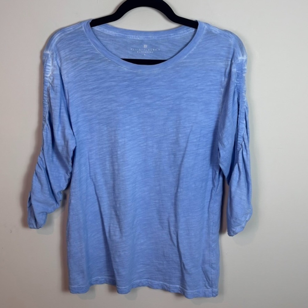 Elliot Lauren Womens 100% Cotton Ruched 3/4 Sleeve Crew Neck Tee sz Small Blue